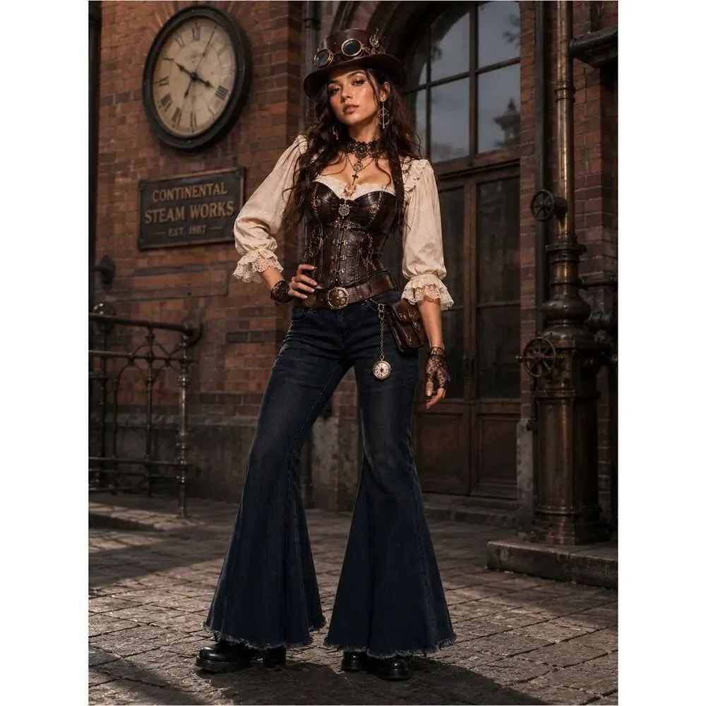 Turquoise Haven Steam Punk Black Flared Jeans